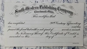Certificado de mecanografía South-Western Publishing Company Cincinnati Ohio sin usar - Imagen 1 de 2