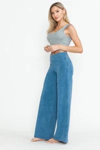 Chatoyant Plus Size Mineral Washed Wide Leg Stretch Pants Lt. Denim 3XL - Picture 1 of 6
