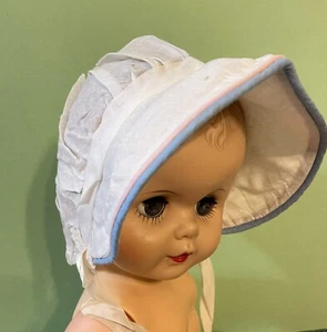 Vintage Baby or Doll Bonnet Intricate White Fabric - Wide Brim Blue Pink Trim - Picture 1 of 5