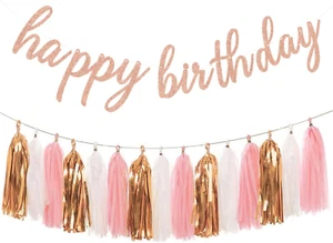 Rose Gold Happy Birthday Decorations - Glittery Rose Gold Happy Birthday Banner - Picture 1 of 12