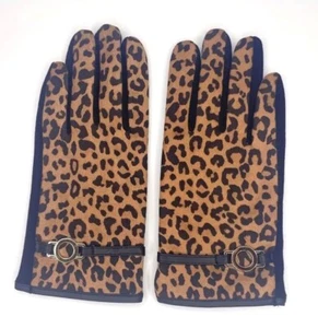 Gloves Womens Classic Leopard Velvet Lined Warm Gloves Black Brown Stretchy - Picture 1 of 2