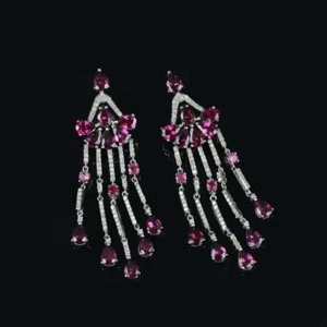 Floral Design Genuine Pave White CZ Stones Rhodolite 20.75TCW Chandelier Earring - Picture 1 of 5