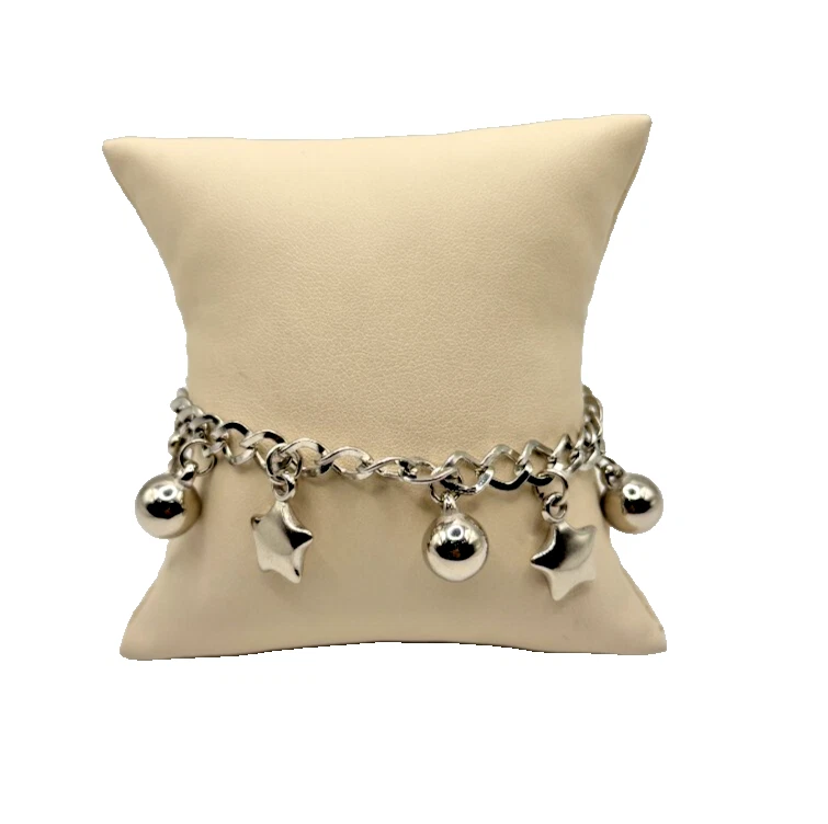 Pulsera de eslabones gruesos con dijes de estrella y bola plateados 8" Foto 1 de 1