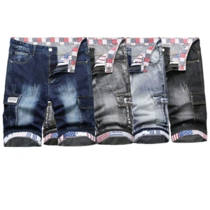 Pantalones Cortos de mezclilla para Hombres Informales Calce Recto Bolsillo Carga Pantalones Cortos Jeans Medio Pantalones - Imagen 1 de 14