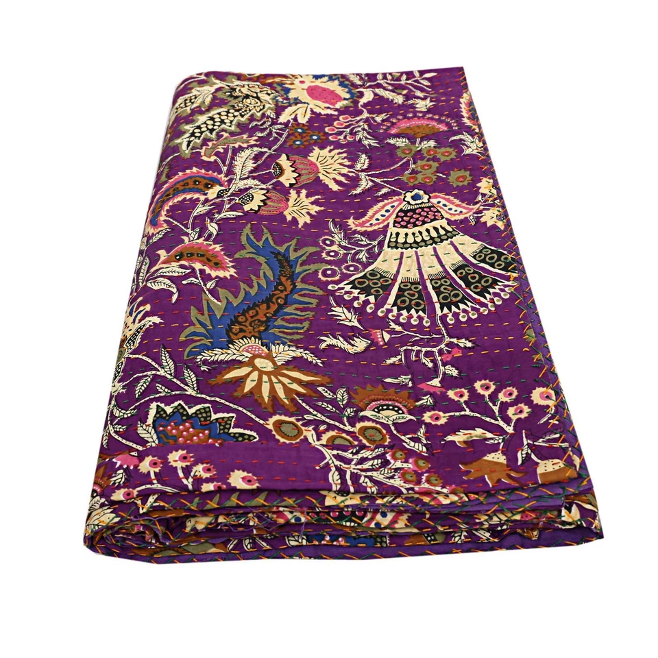 Mukut Print Kantha Quilt, Kantha Blanket, Bed Cover, Bohemian Bedding Throw King - Image 1 of 1