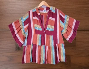IVY JANE Top Women's Large Striped Vneck Babydoll Boho Peasant Blouse Relax Fit - Picture 1 of 8
