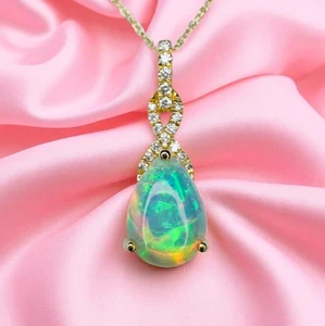 Natural Opal & Diamond Necklace in 10K Gold -18" - 1.78CT Opal Necklace -1.4g - Picture 1 of 24