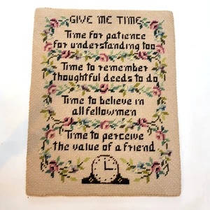 Vintage Completed Wool Needlepoint Sampler "Give me time" 11" x 14" - Picture 1 of 3
