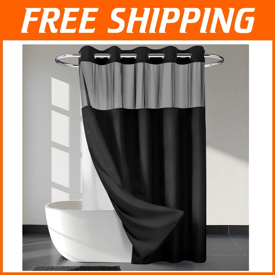 Cortina de chuveiro preta semi-transparente com forro de pressão – Fácil instalação e elegante - Imagem 1 de 4