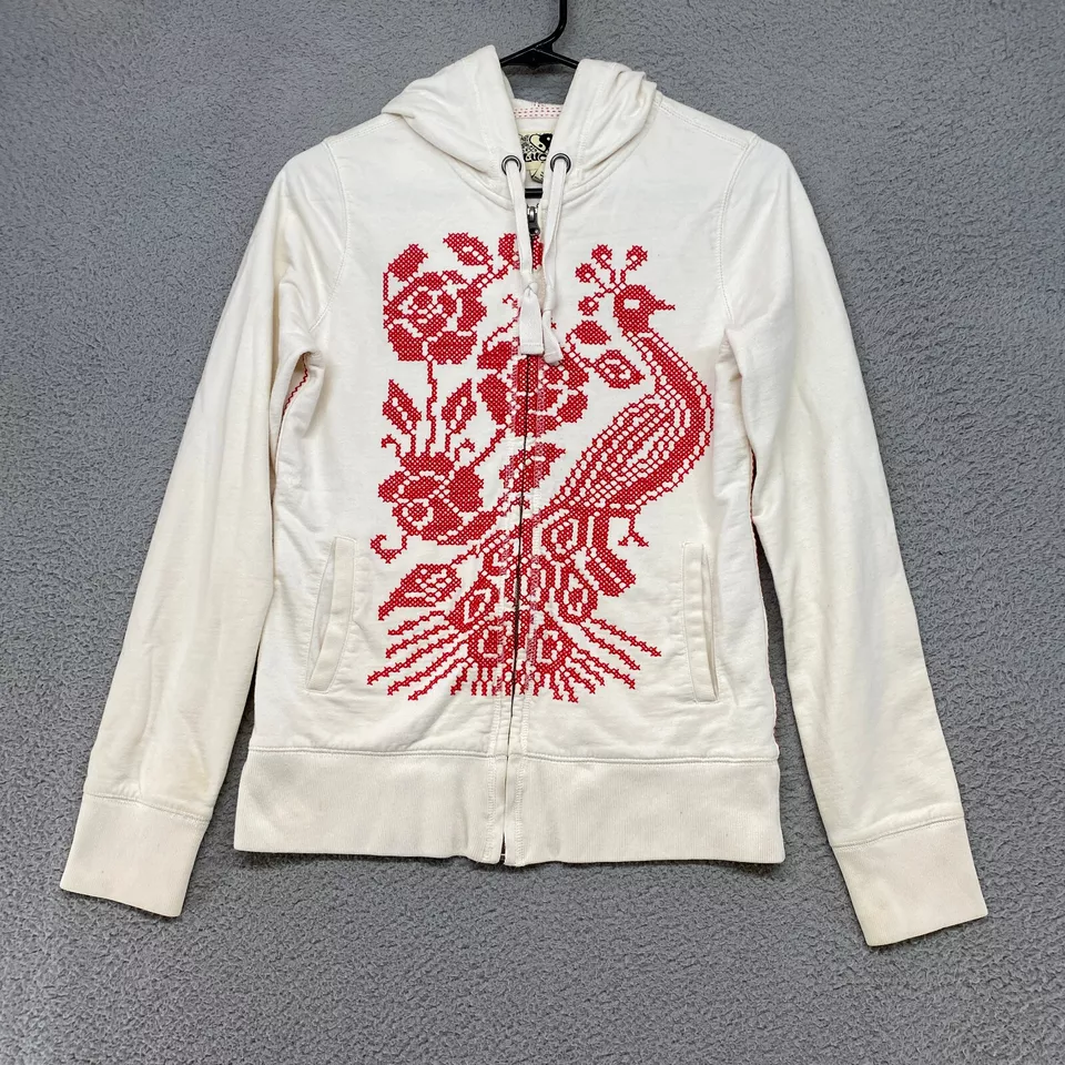 Vintage Lucky Brand Hoodie Womens Small Zip Up Peacock Cross Stitch Rose Sweater - Image 1 of 4