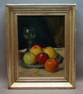 August KÖHLER Stuttgart 1881-1964 Stillleben mit Äpfeln auf Teller und Weinglas - Bild 1 von 12