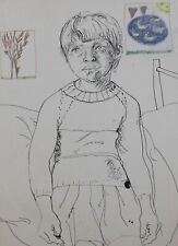 Vintage ink drawing bored child in his room portrait