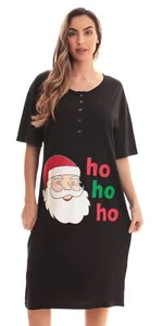 Women's 100% Cotton Sleep Dress Holiday Nightgown Medium Black - Ho Ho Ho - Picture 1 of 3