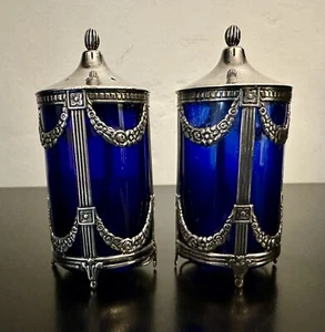 Salero Pimentero Coctelera Mema Suecia Plata Vidrio Azul Cobalto - Imagen 1 de 8