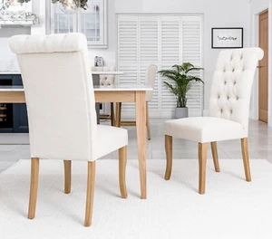 (Set of 2) Oxford Natural Linen Scroll Back Dining Chairs | Solid Oak Legs - Picture 1 of 6