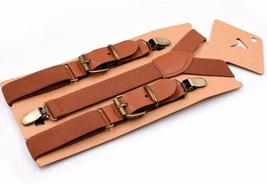 Tan Brown Elastic Leather Suspenders Braces For all ages - Picture 1 of 6