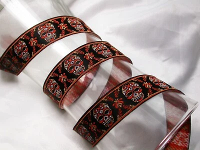 Sugar Skulls Jacquard Ribbon 1" (25mm) choice 12 colors polyester 3 Yards & up - Image 1 of 4