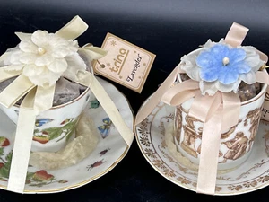 Mini Tea cup and saucer Bone China New Vintage Potpourri tied ribbons 2 Trina - Picture 1 of 4
