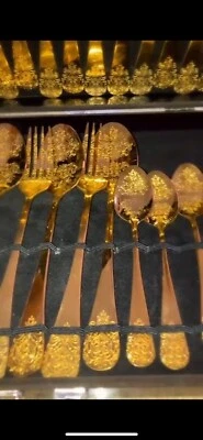 Cuberteria De Acero Inoxidable Bañado En Oro Juego De 36 - Imagen 1 de 4