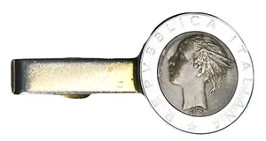 REPUBLIC OF ITALY 500 LIRA COIN TIE CLASP BIMETAL TIE BAR CLIP - Picture 1 of 5