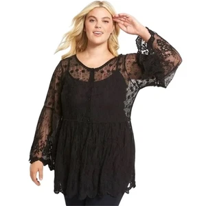 Lane Bryant Black Lace Bell Sleeve Top Sheer Floral Blouse Plus Size 18/20 NWT - Picture 1 of 9