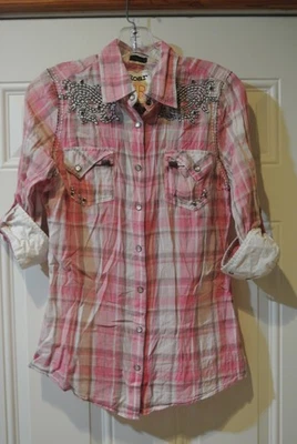 WOMENS XL ROAR PINK PLAID 3/4 SLEEVE PEARL SNAP SHIRT - Imagem 1 de 4