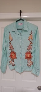Panhandle  Slim Women Western Rodeo Blue Brown Embroidered Snap‎ Button Shirt L - Picture 1 of 5