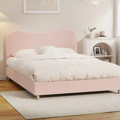 Oikiture Bed Frame Double Size Pink Boucle Cloud Shape - image 1 of 4