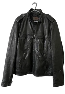 Men’s Black Soft Leather REISS Biker Bomber lined Jacket Size large Y2K L - Picture 1 of 10