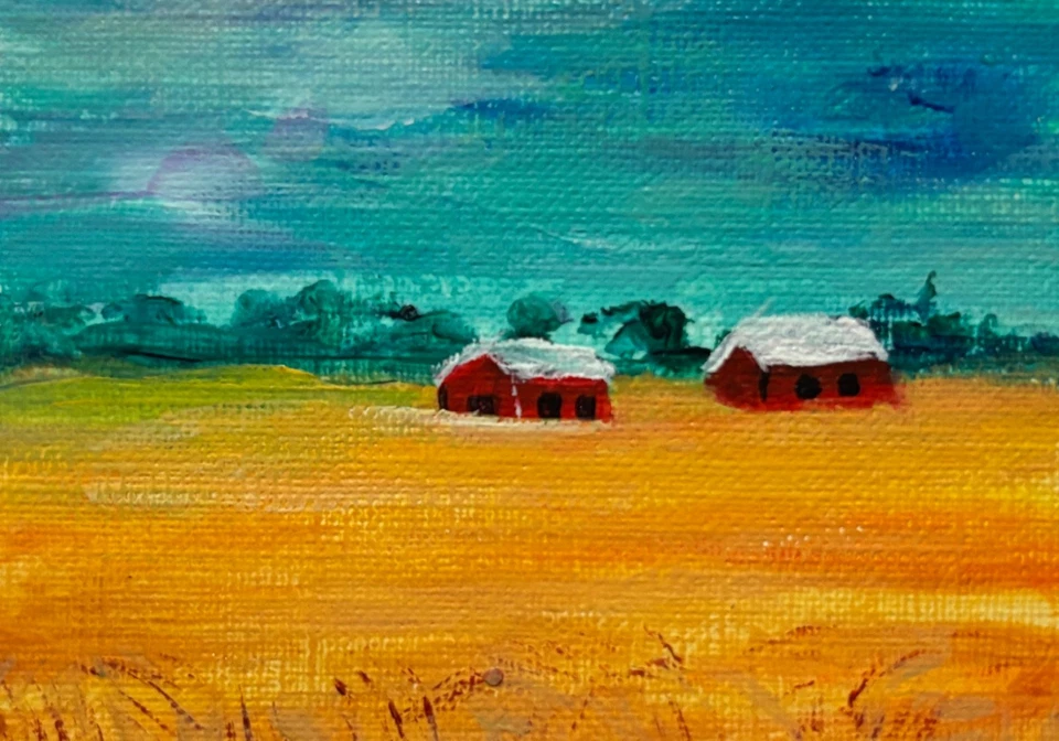 Mini arte ACEO original, paisaje abstracto trigo campo granero Foto 1 de 1