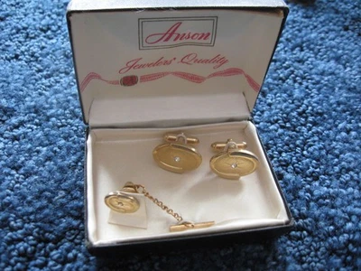 Anson - Gemelos y tachuelas de corbata - Vintage - Metal tono dorado - Caja original Foto 1 de 4