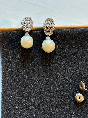 Pearl earrings 9.5 mm sterling silver 925 diamond chip - Image 1 of 4
