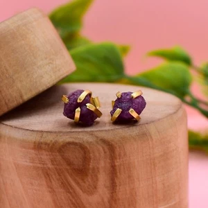 925 Sterling Silver Round Natural Raw Ruby Studs 5x7mm Beautiful Minimal Earring - Picture 1 of 4