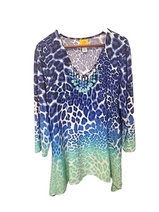 Ruby Rd XL Women's Blouse Long Sleeve Embellished Blue Green Multi Shark Bite - Picture 1 of 8