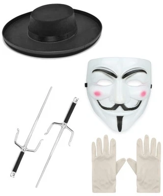 Anonymous Guy Fawkes Mask Hat Ninja Sais Gloves Hacker Halloween Fancy Dress Set - Image 1 of 2