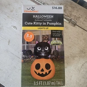 Cute Kitty on Pumpkin Airblown Inflatable Lights Up 3.5 Feet Tall Halloween - Picture 1 of 2