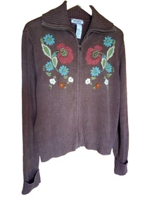 Vintage Womens Large Floral Yarn designed front zip Tiara Intl. knit cardigan - Picture 1 of 24