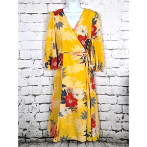 ELIZA J Yellow Bold Floral Faux-Wrap Midi Dress Feminine Cottage Garden Size 2 - Picture 1 of 6
