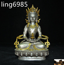 8" Old Tibetan Buddhism Bronze Silver Gilt Longevity Tara Kwan-Yin Buddha statue