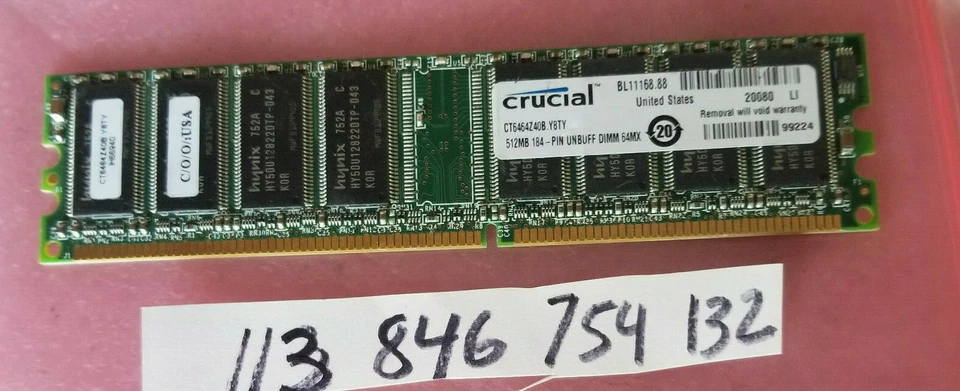 512MB PC RAM DDR1 400 PC3200 DDR 400 184PIN NON-ECC  SINGLE RANK 1RX8 32X8 UBDIM - Image 1 of 1