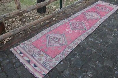 Pink Turkish Vintage Handwoven Runner Rug 11'2"x2'6" - Image 1 of 4