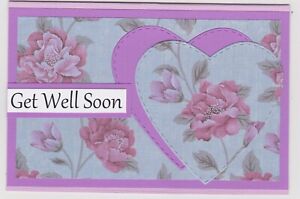 Blank Handmade Greeting Card ~ GET WELL SOON with HEARTS AND PRETTY FLOWERS