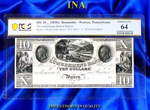 INA Pennsylvania Lumbermens Bank Warren $10 USA Obsolete Currency Note PCGS 64