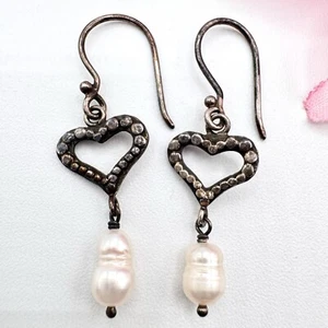 Open Heart Pearl Drop Sterling Silver 925 Dangle Dainty Earrings Valentine Sweet - Picture 1 of 7