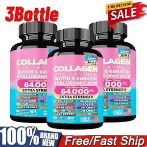 3X Píldoras de Colágeno Péptidos Tipo I, II, III, V y X 64.000- MCG Biotina - Imagen 1 de 11