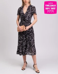 RRP€250 MICHAEL MICHAEL KORS Midi Wrap Dress Size XS Leaves Pattern Ruffle - Picture 1 of 6