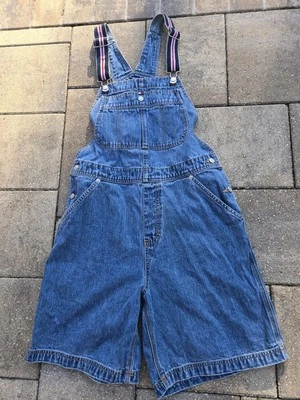 Vintage Y2K Tommy Hilfiger Overalls Bibs Women Denim Shorts Flag Logo Sz Med - Изображение 1 из 4