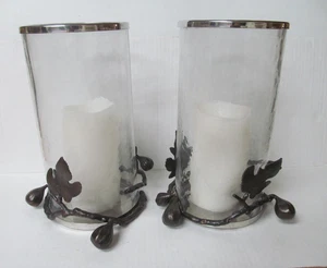 Michael Aram Fig Leaf hurricane base + globes w/ silver top PAIR - Picture 1 of 14