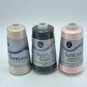 SURELOCK Thread Lot 3 Cones 3000yd Overlock Polyester Beige Black Pink by COATS - Picture 1 of 5