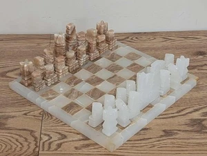 Marble Onyx Quartz Handcarved Aztec White/Brown Chess Set 13.5" x 13.5" Board - Picture 1 of 23
